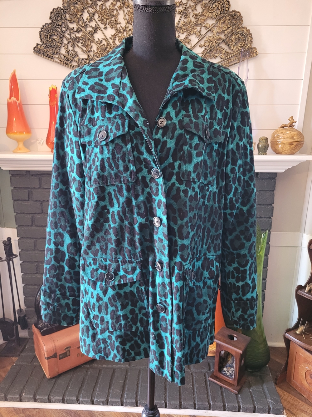 Vintage Linea by Louis Dell'Olio Teal and Black Leopard Print Jacket